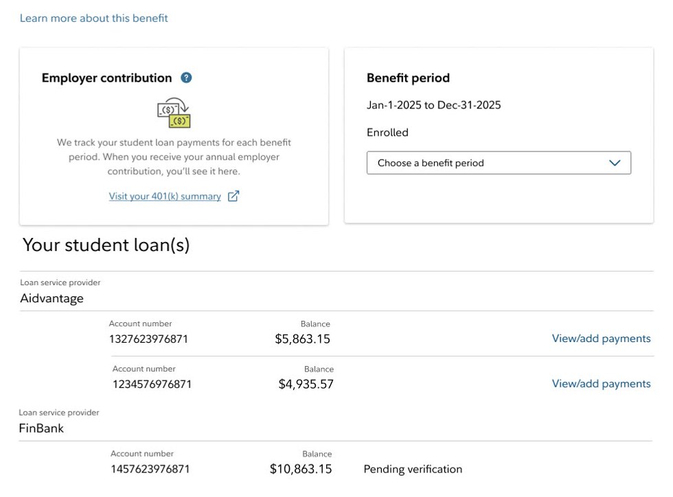 The 2019 dashboard with four numbered problem areas: the missing benefit name, an empty employer contribution card, identical loan actions, and a pending verification status with no next step.