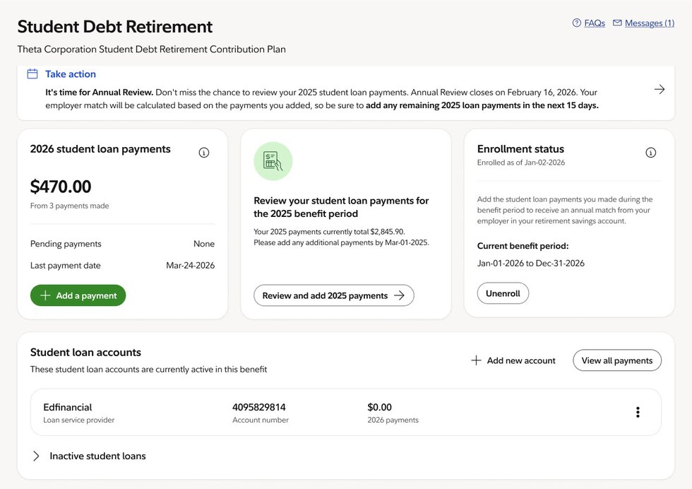 The 2027 dashboard, condensed: the benefit name, an annual review notification, three summary cards, one student loan account and a collapsed inactive loans section.