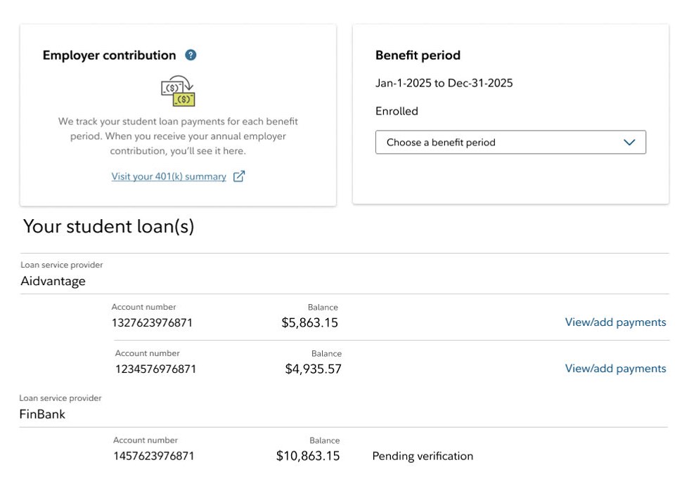 The 2019 dashboard, condensed: an empty employer contribution card, a benefit period selector, and a plain list of loans with account numbers, balances and a pending verification status.