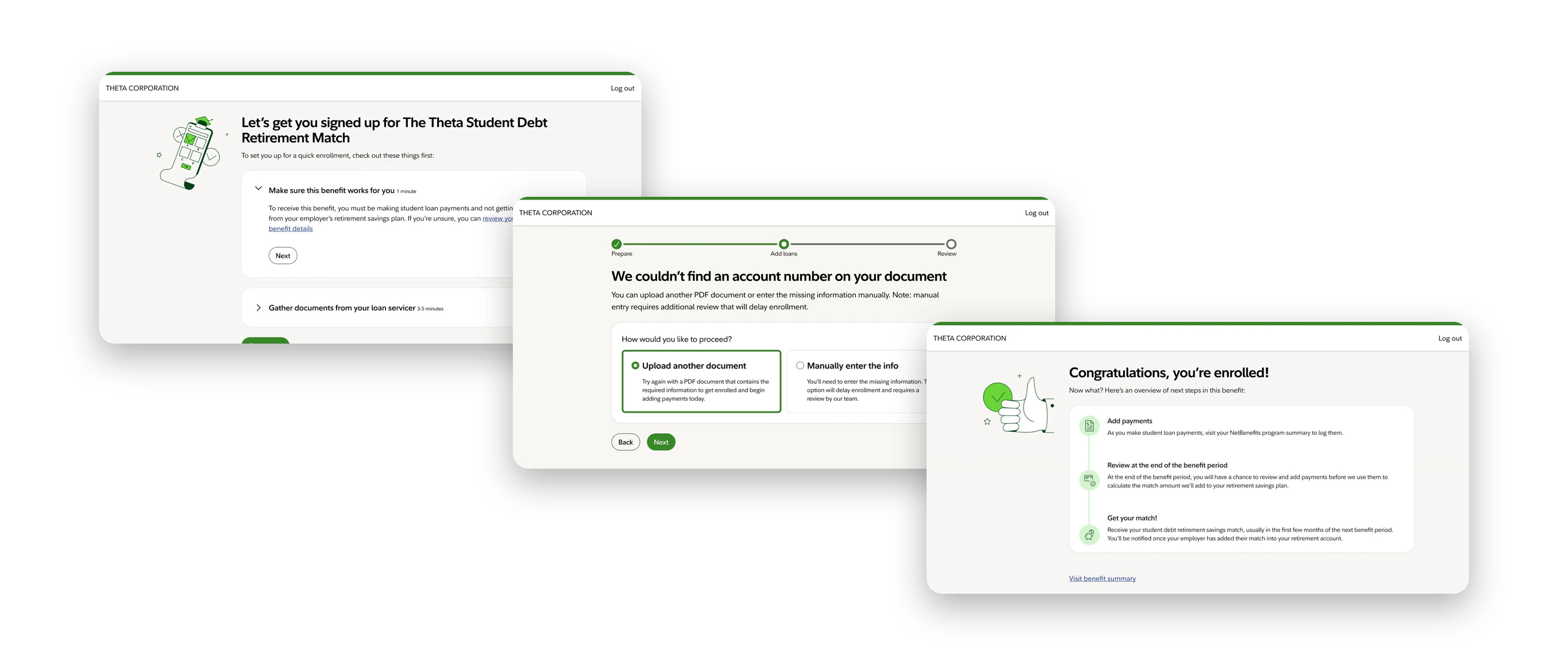 Benefit enrollment redesign preview: get started, the recovery screen when an account number is missing, and the enrolled success screen