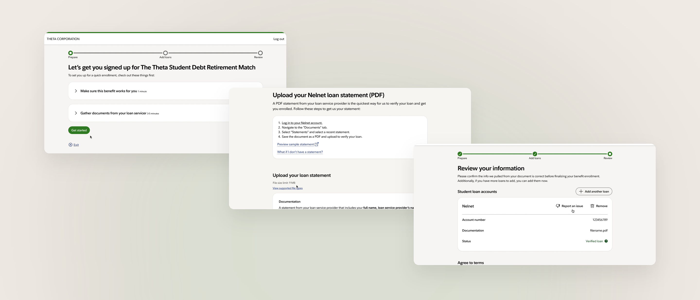 Benefit enrollment redesign preview: the get started page with upfront guidance, the servicer selector, and the enrollment confirmation