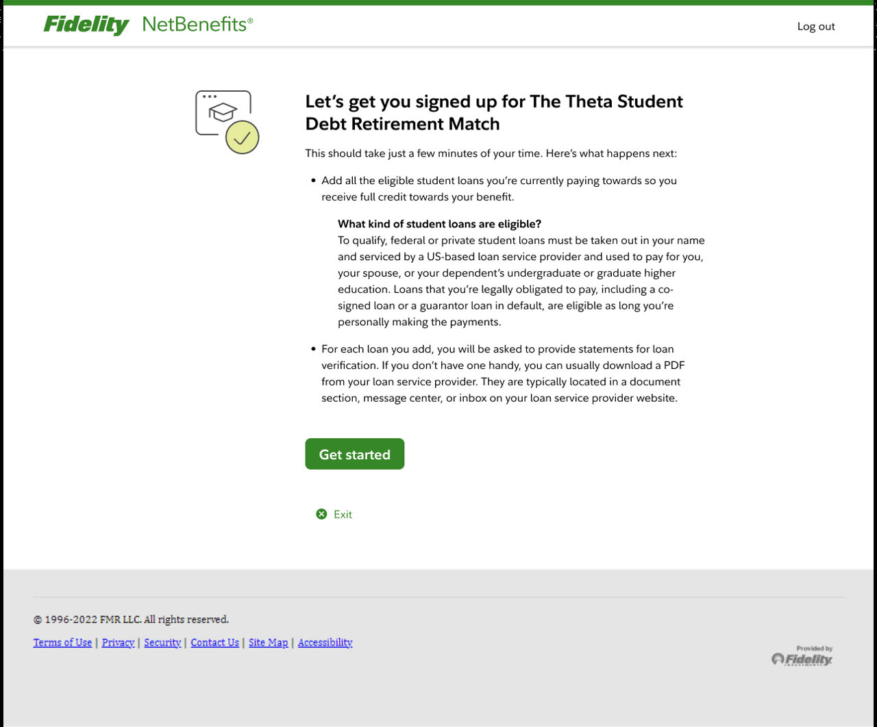 The original intro page with a short list of what happens next, and a Get started button.