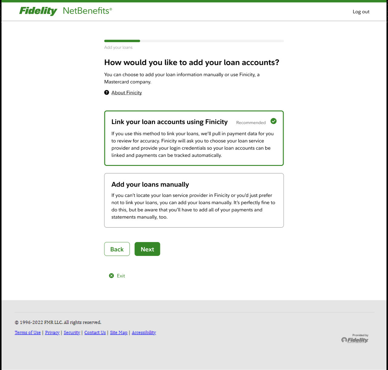 The original method selection page offering to link loan accounts using Finicity or add them manually.