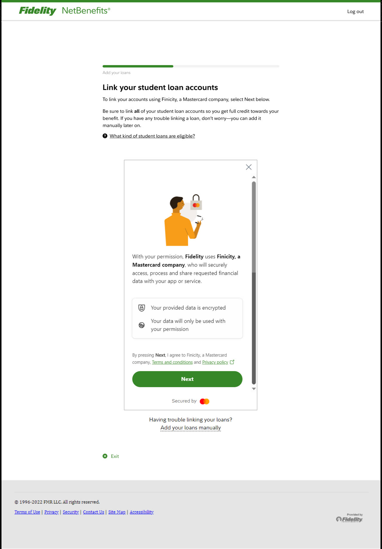 The original page that opens the Finicity window for linking student loan accounts.
