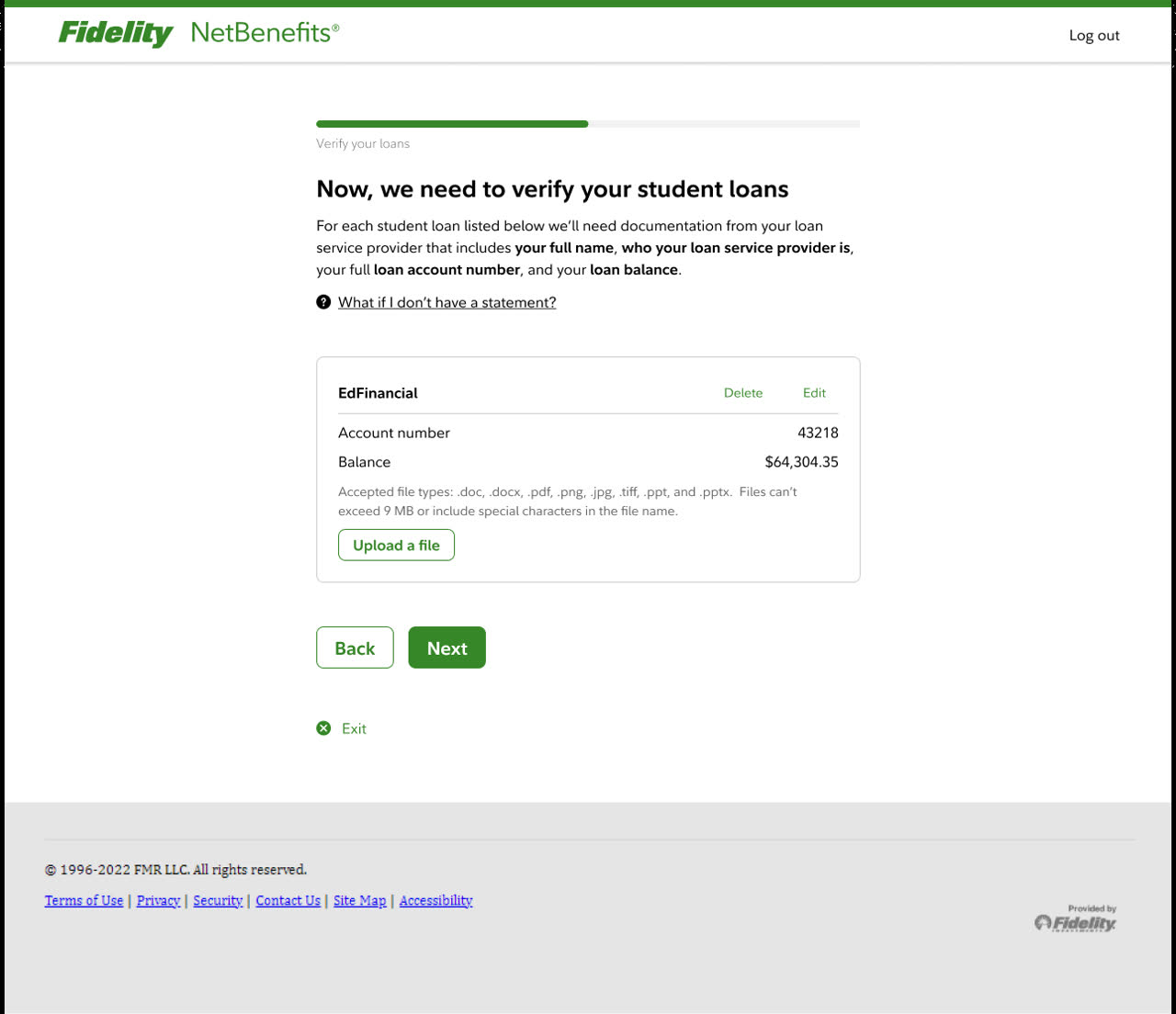 The original page asking people to upload documentation for each listed student loan.