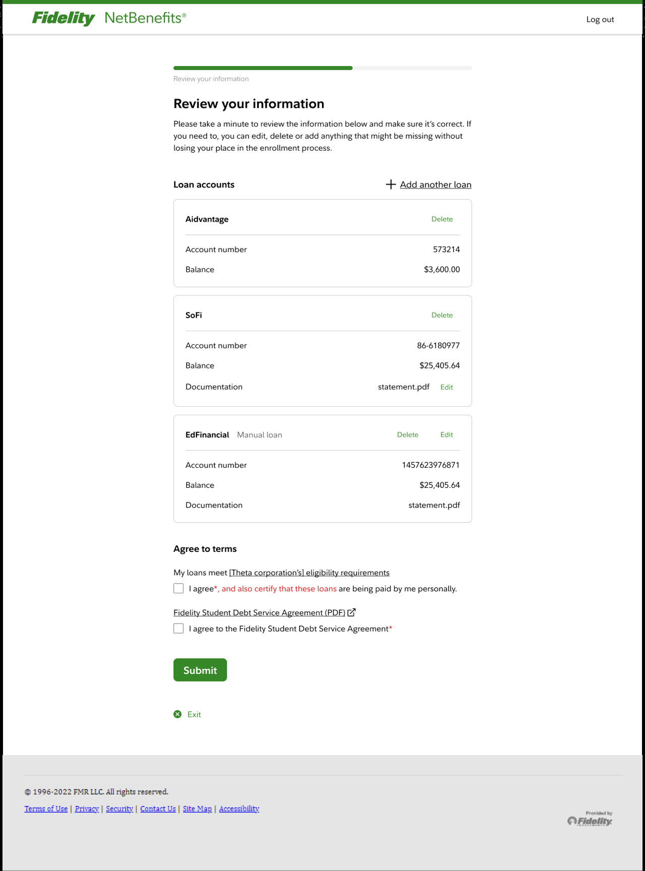 The original review page listing loan accounts and the agreements to accept before submitting.