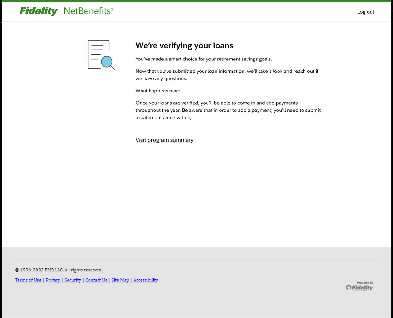 The original success page saying we are verifying your loans, with a link to the program summary.