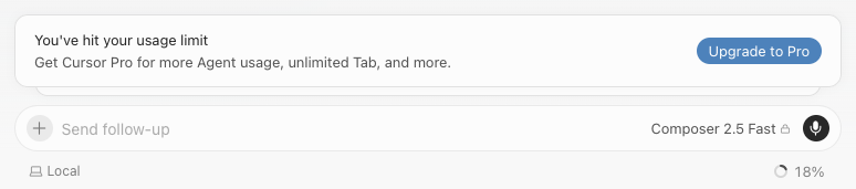 A limit banner that says you’ve hit your usage limit and leads with an upgrade button