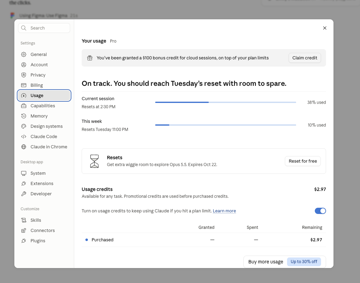 A settings modal showing session and weekly usage bars
