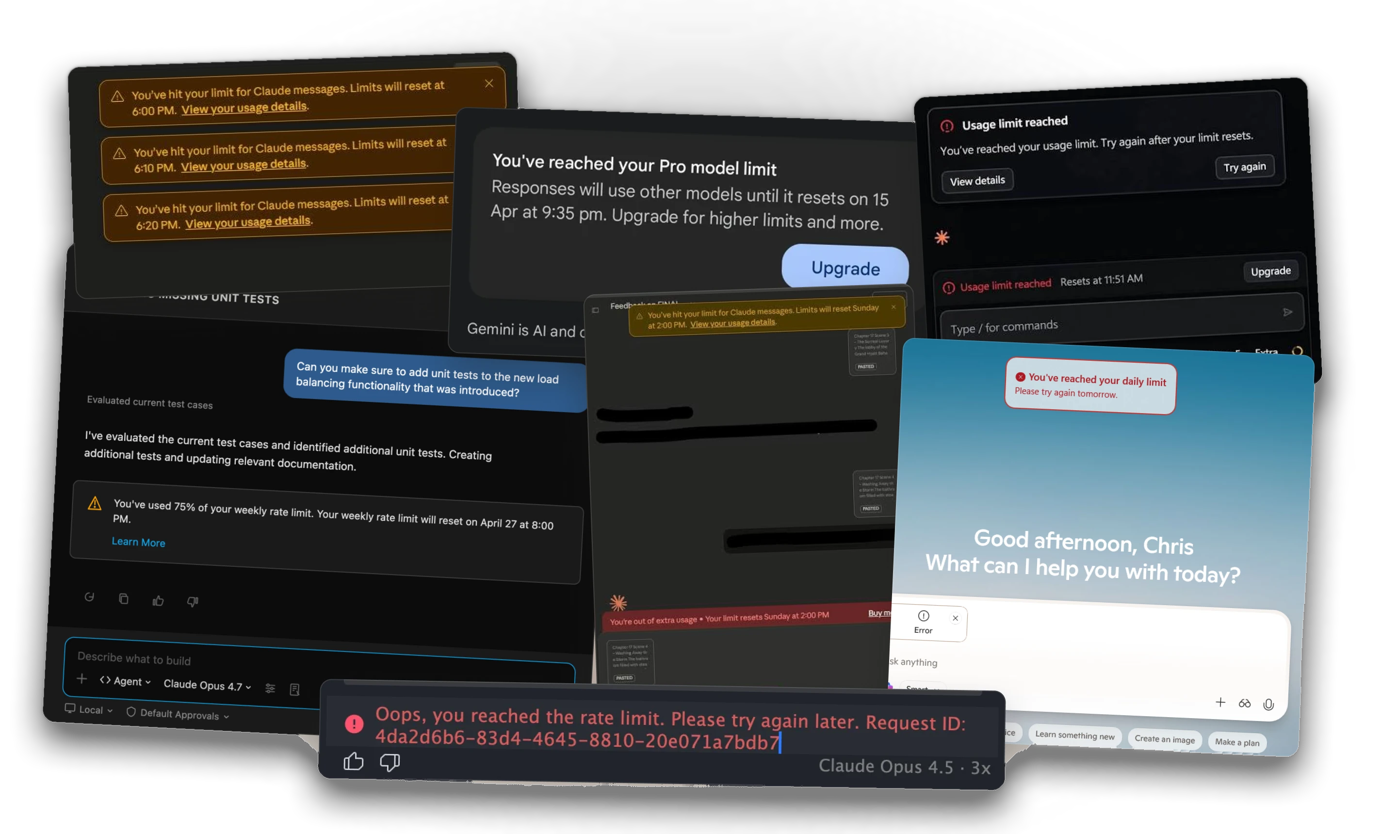 Task usage predictor concept preview: usage limit messages from several AI tools