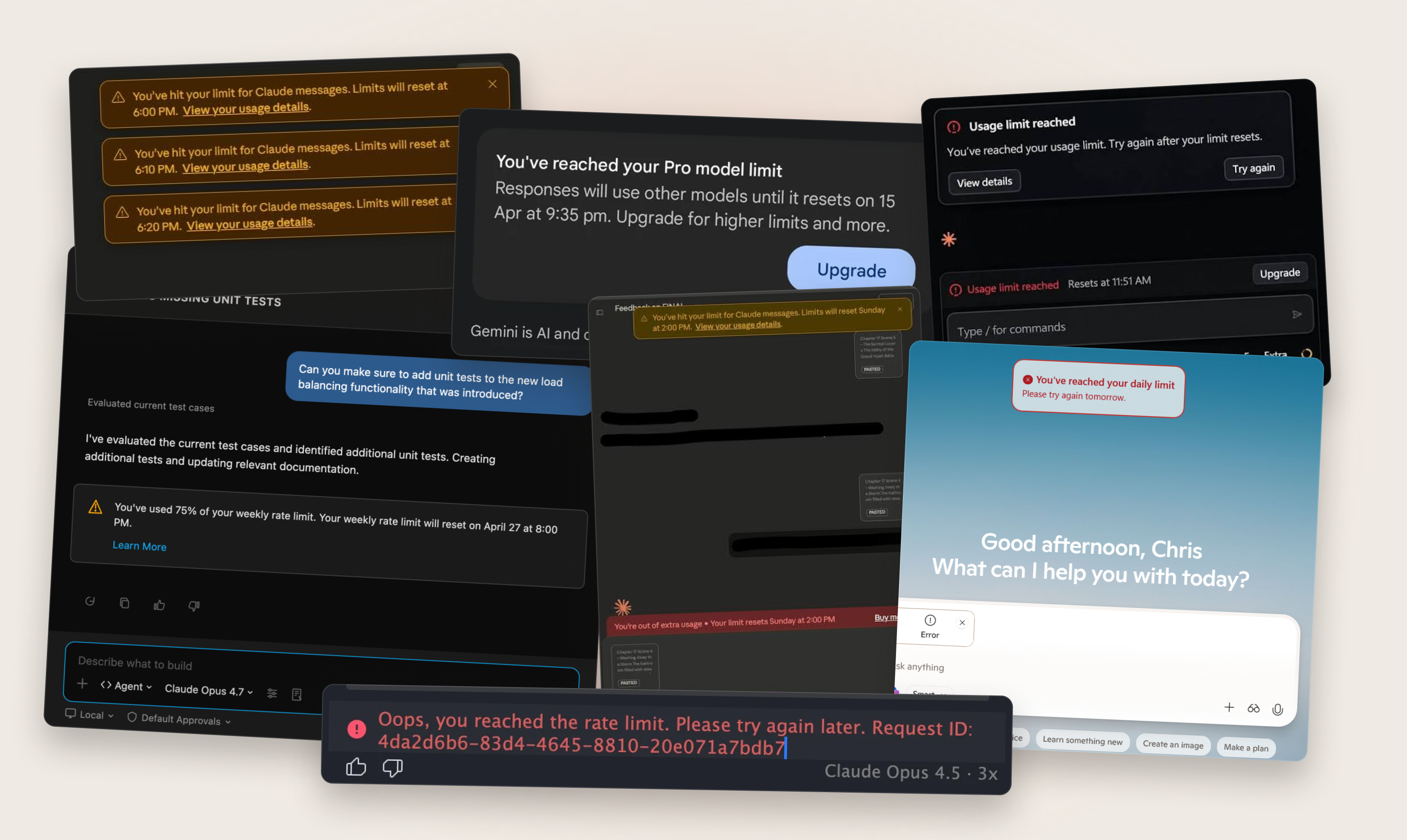 A pile-up of usage limit messages from several AI tools: rate limits, model limits, daily limits and upgrade prompts