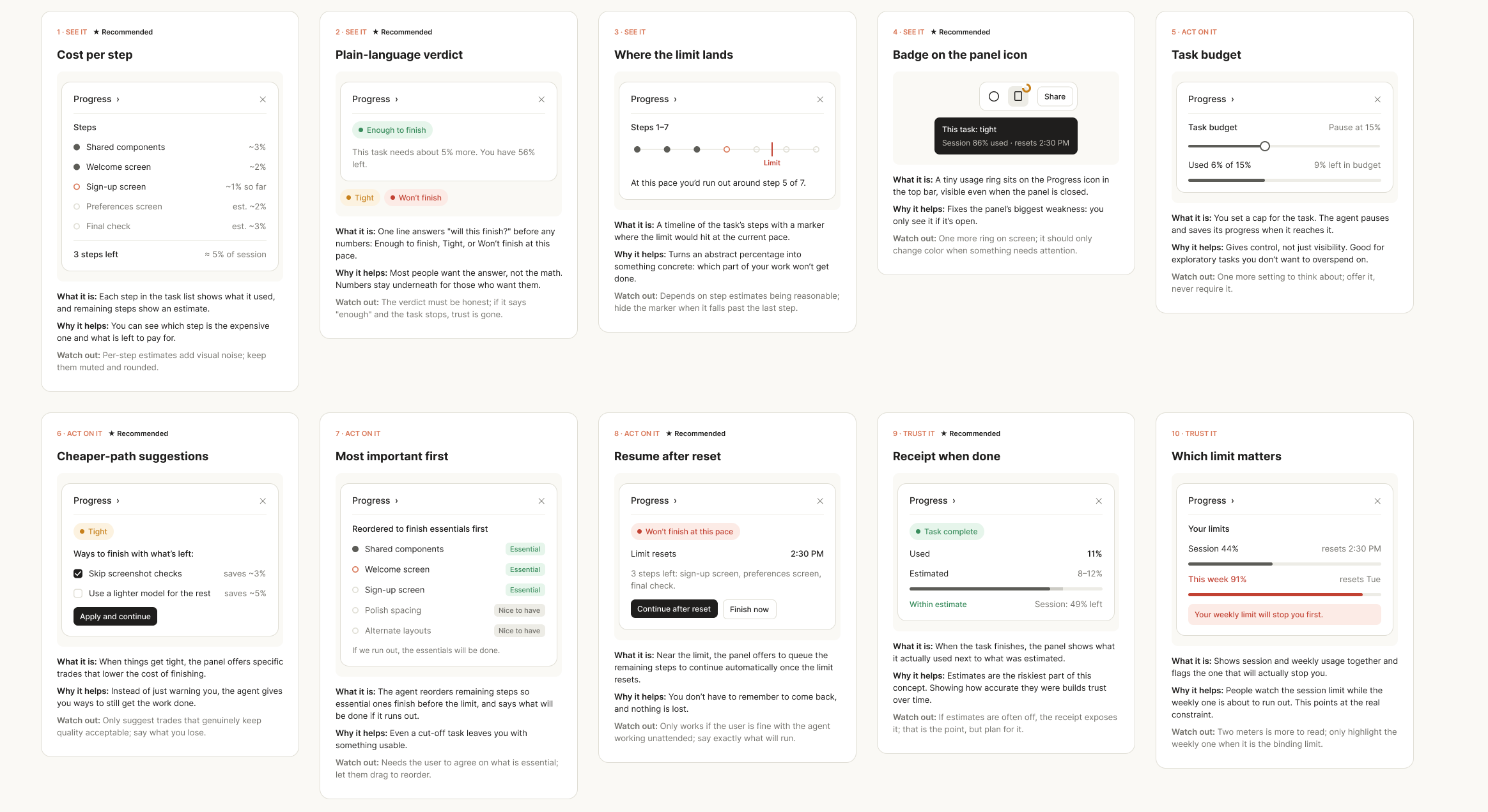 Ten annotated Progress panel concepts