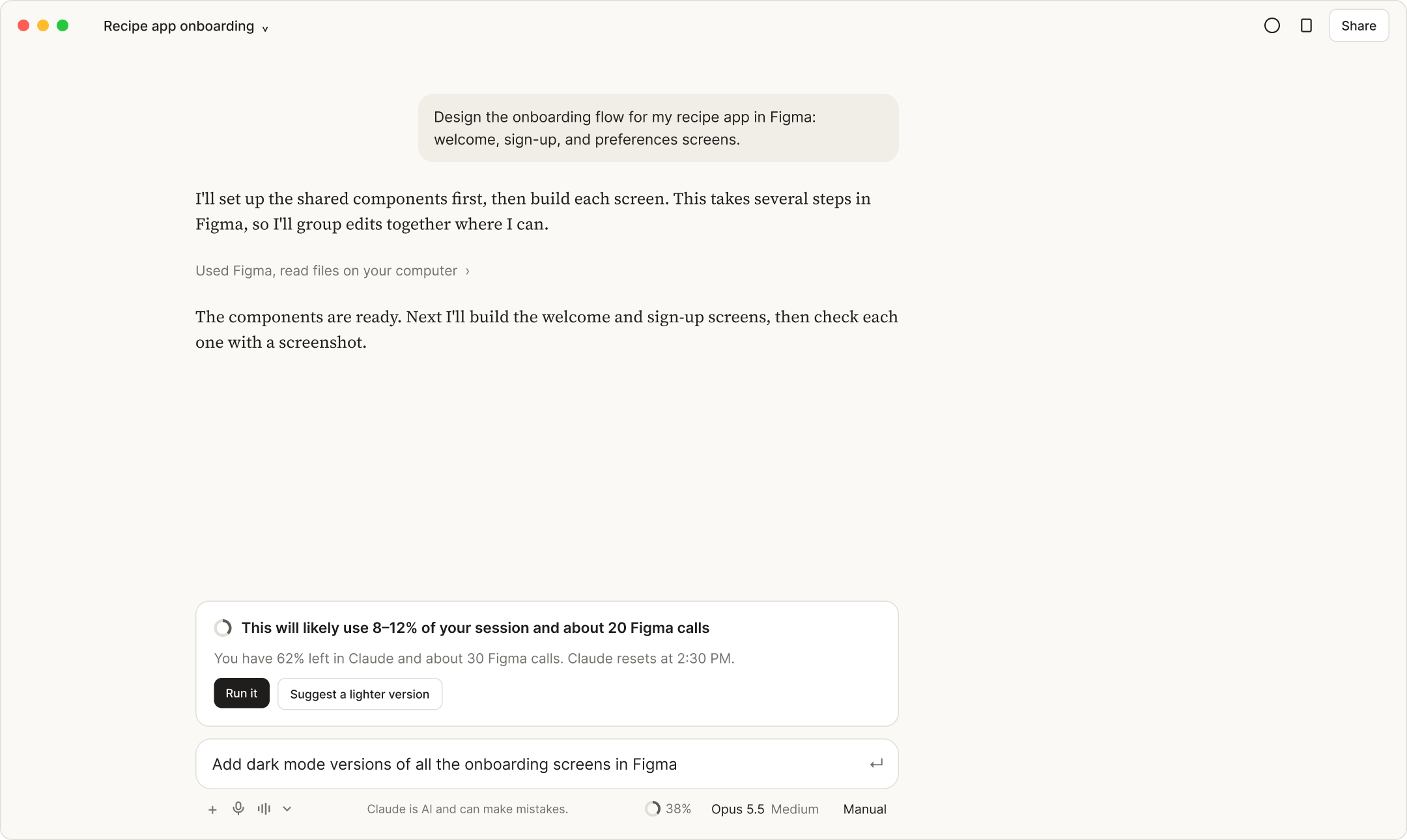 Pre-flight card estimating a task will use 8 to 12 percent of the session and about 20 Figma calls