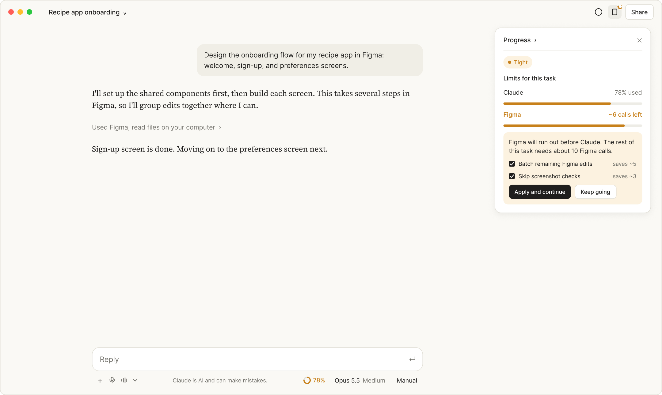 Progress panel in an amber Tight state, flagging Figma and offering to batch edits