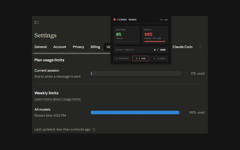 Browser extension popup showing session and weekly usage over the settings page