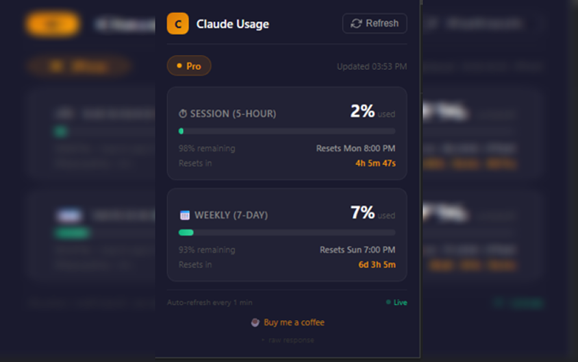 Browser extension panel showing 5-hour session and 7-day usage with reset timers